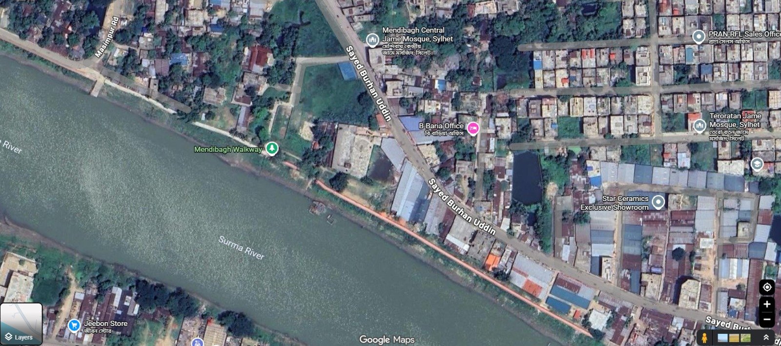 Map showing the riverfront Sylhet location