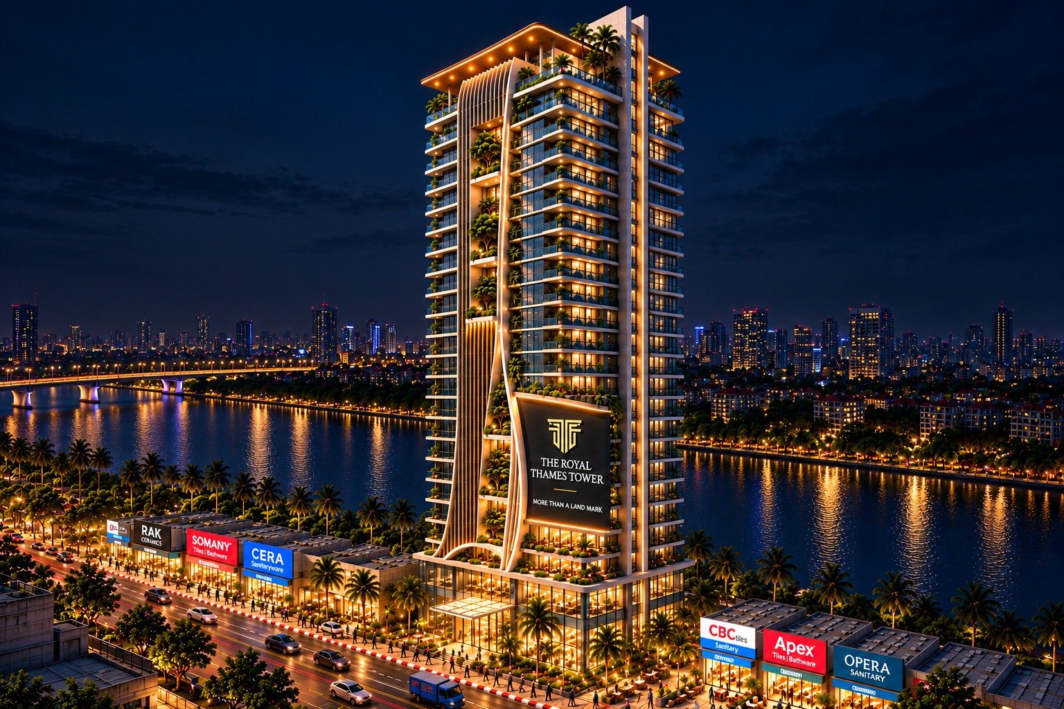 The Royal Thames Tower illuminated at night